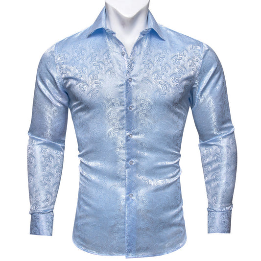Baby Blue Paisley Pattern Silk Dress Shirt shirt S   - Sophisticated Gentlemen