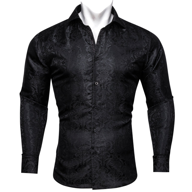 Black Floral Pattern Silk Dress Shirt shirt S   - Sophisticated Gentlemen