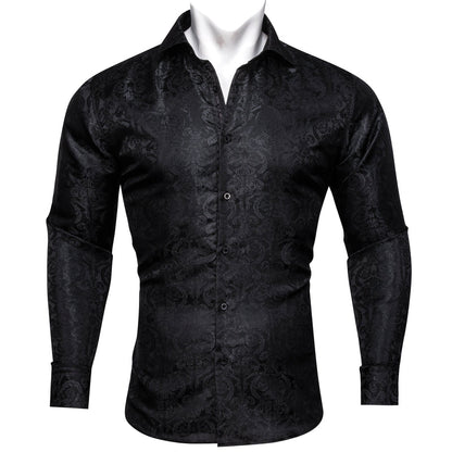Black Floral Pattern Silk Dress Shirt shirt S   - Sophisticated Gentlemen