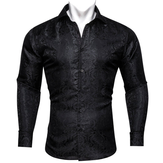 Black Floral Pattern Silk Dress Shirt shirt S   - Sophisticated Gentlemen