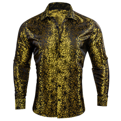 Black Golden Floral Pattern Silk Dress Shirt shirt S   - Sophisticated Gentlemen
