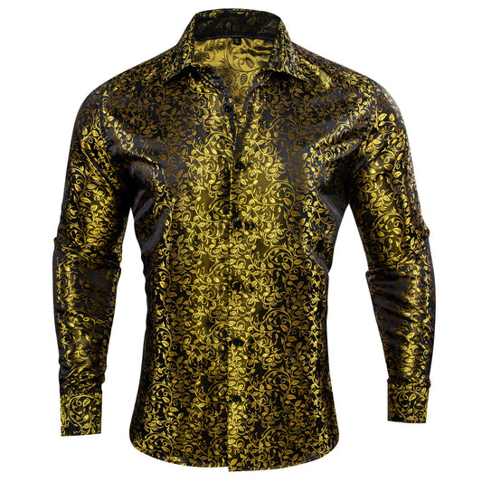 Black Golden Floral Pattern Silk Dress Shirt shirt S   - Sophisticated Gentlemen