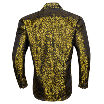 Black Golden Floral Pattern Silk Dress Shirt shirt    - Sophisticated Gentlemen