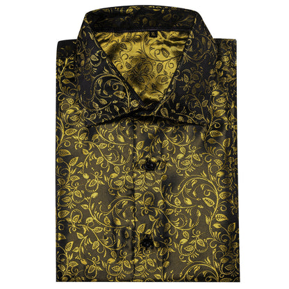 Black Golden Floral Pattern Silk Dress Shirt shirt    - Sophisticated Gentlemen