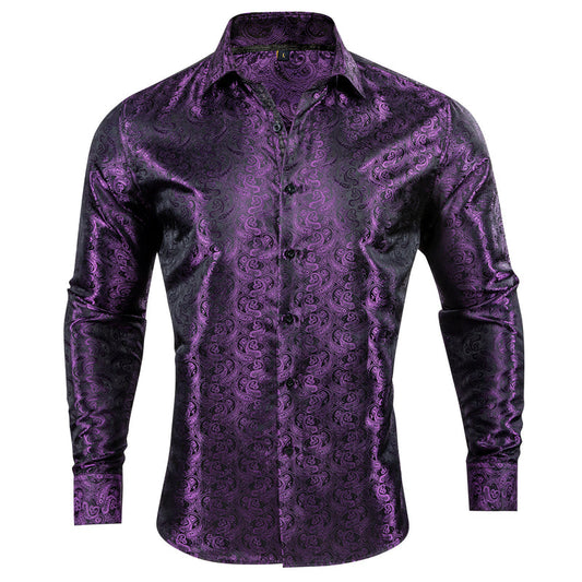 Dark Purple Paisley Pattern Silk Dress Shirt shirt S   - Sophisticated Gentlemen