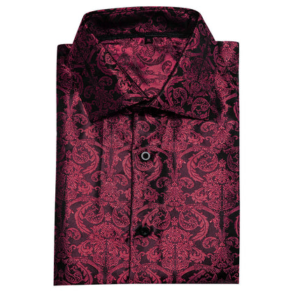 Burgundy Floral Pattern Silk Dress Shirt shirt    - Sophisticated Gentlemen