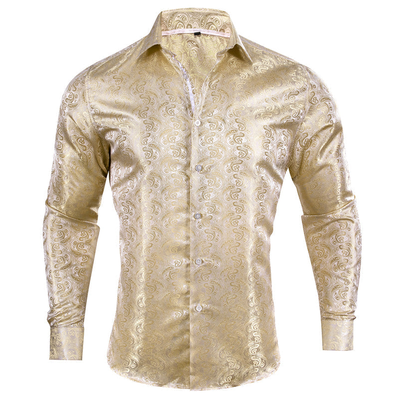 Champagne Silk Dress Shirt with Paisley Pattern shirt S   - Sophisticated Gentlemen