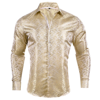 Champagne Silk Dress Shirt with Paisley Pattern shirt S   - Sophisticated Gentlemen