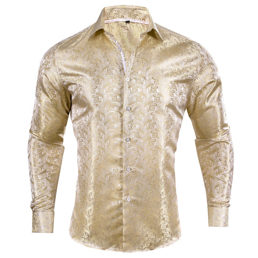 Champagne Silk Dress Shirt with Paisley Pattern shirt S   - Sophisticated Gentlemen