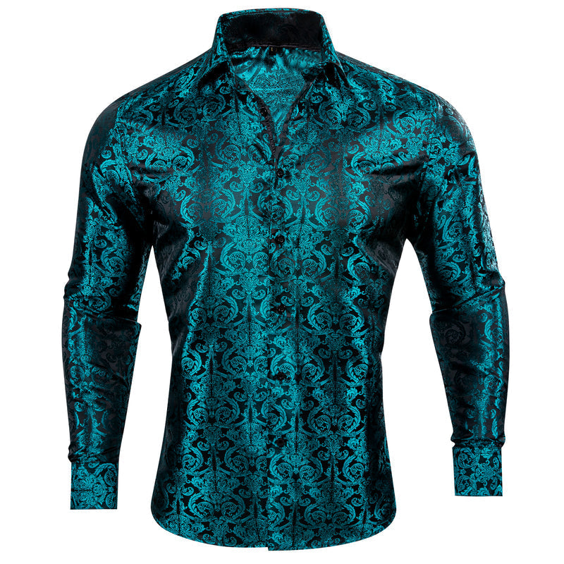 Dark Lake Blue Floral Pattern Silk Dress Shirt shirt S   - Sophisticated Gentlemen