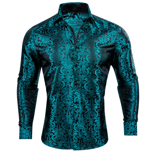 Dark Lake Blue Floral Pattern Silk Dress Shirt shirt S   - Sophisticated Gentlemen