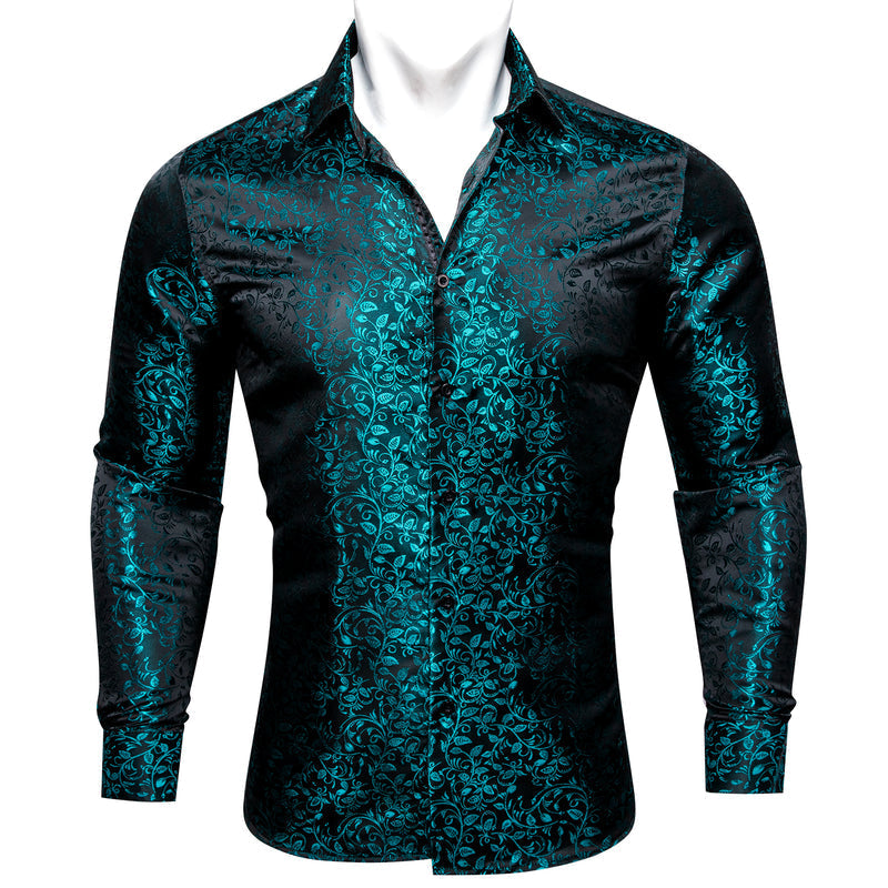 Black and Lake Blue Floral Silk Dress Shirt shirt S   - Sophisticated Gentlemen