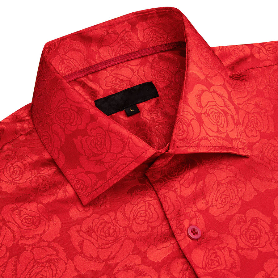 Pure Red Floral Rose Silk Dress Shirt shirt    - Sophisticated Gentlemen