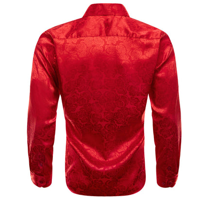 Pure Red Floral Rose Silk Dress Shirt shirt    - Sophisticated Gentlemen