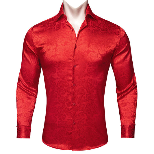 Pure Red Floral Rose Silk Dress Shirt shirt S   - Sophisticated Gentlemen