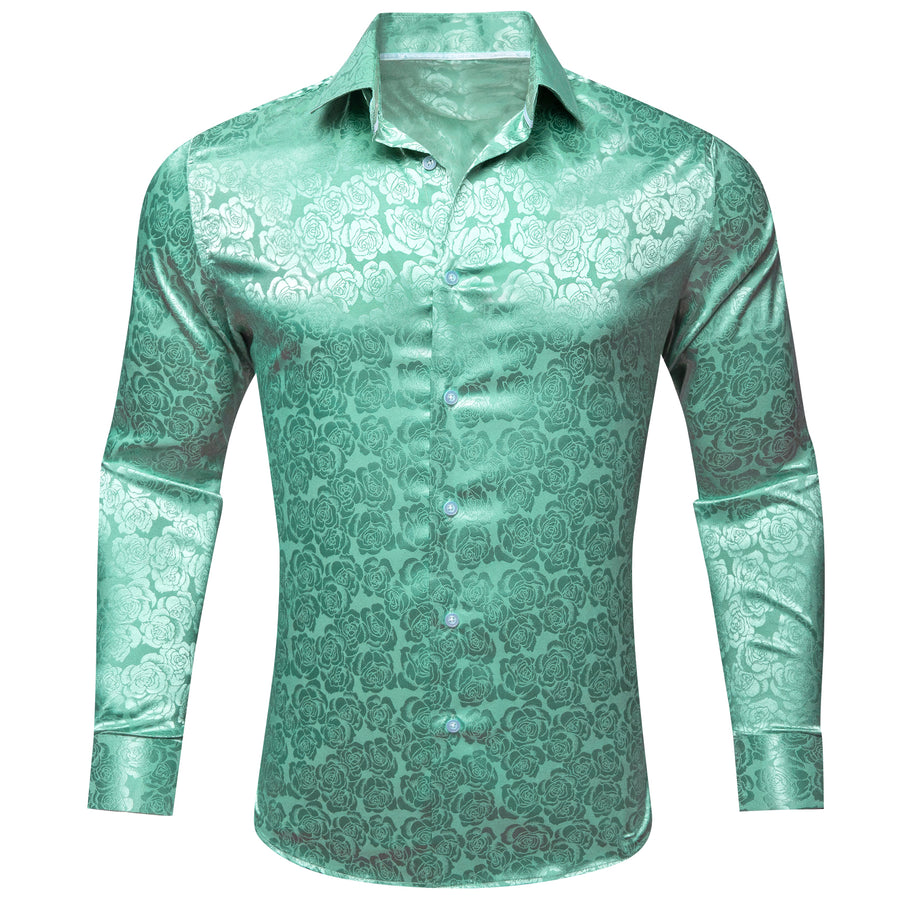 Mint Green Floral Rose Silk Dress Shirt shirt S   - Sophisticated Gentlemen