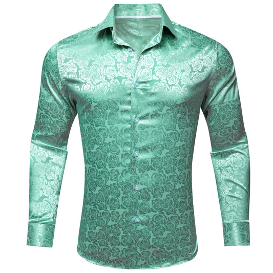 Mint Green Floral Rose Silk Dress Shirt shirt S   - Sophisticated Gentlemen