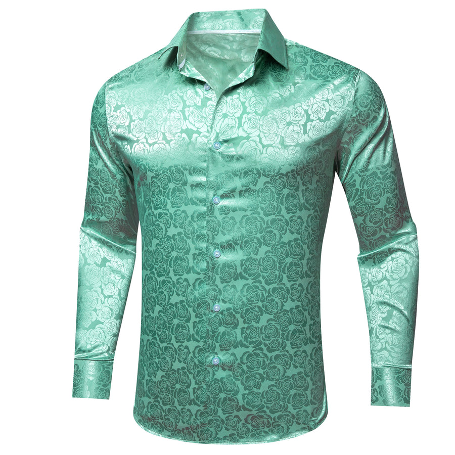 Mint Green Floral Rose Silk Dress Shirt shirt    - Sophisticated Gentlemen