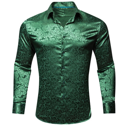 Grass Green Floral Rose Silk Dress Shirt shirt S   - Sophisticated Gentlemen