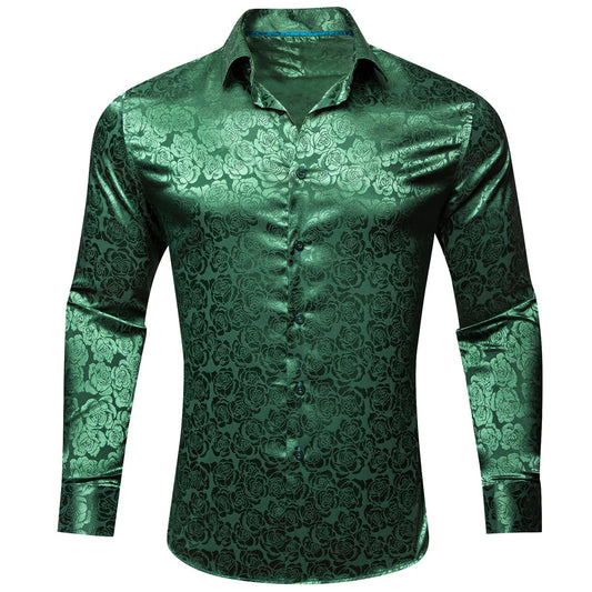 Grass Green Floral Rose Silk Dress Shirt shirt S   - Sophisticated Gentlemen