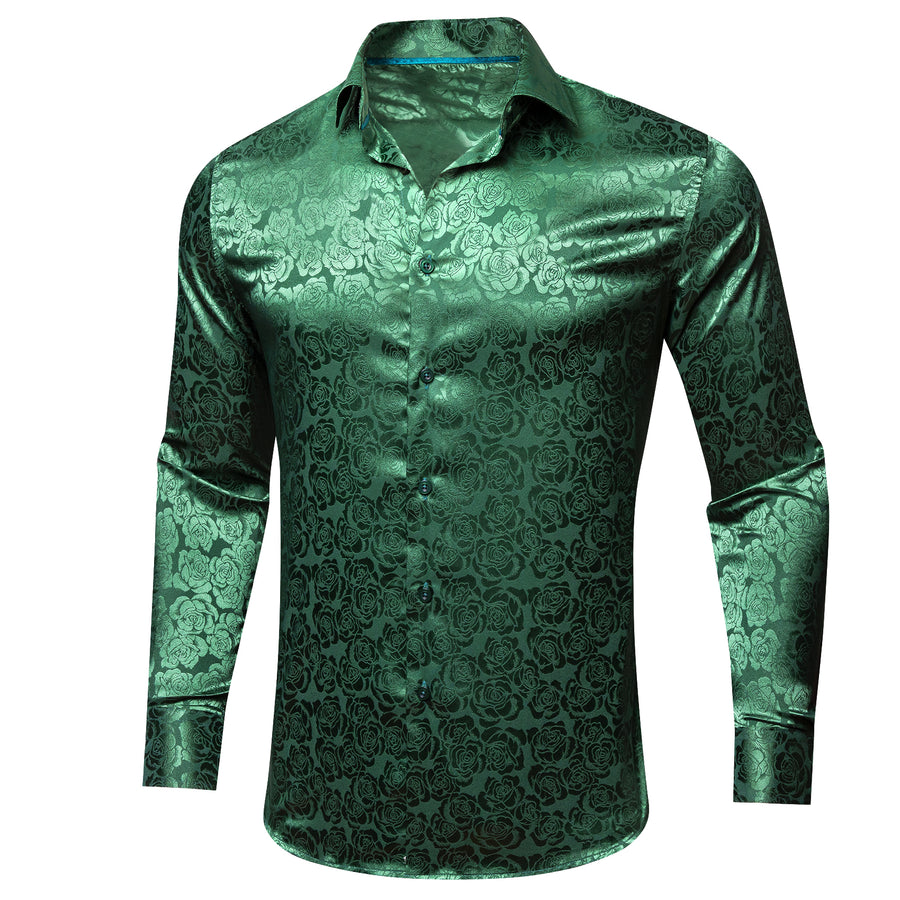 Grass Green Floral Rose Silk Dress Shirt shirt    - Sophisticated Gentlemen