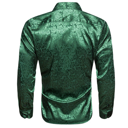 Grass Green Floral Rose Silk Dress Shirt shirt    - Sophisticated Gentlemen