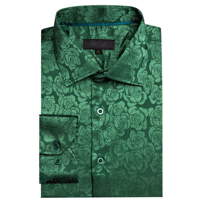 Grass Green Floral Rose Silk Dress Shirt shirt    - Sophisticated Gentlemen