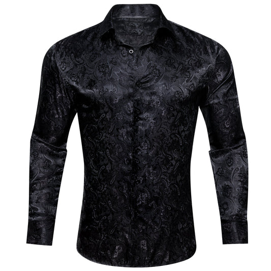 Black Floral Silk Dress Shirt shirt S   - Sophisticated Gentlemen