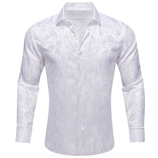 White Floral Silk Dress Shirt shirt S   - Sophisticated Gentlemen