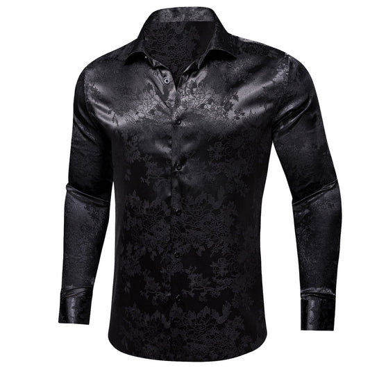 Black Floral Satin Silk Dress Shirt shirt S   - Sophisticated Gentlemen