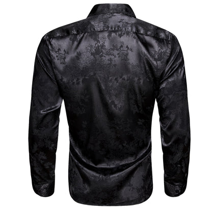 Black Floral Satin Silk Dress Shirt shirt    - Sophisticated Gentlemen
