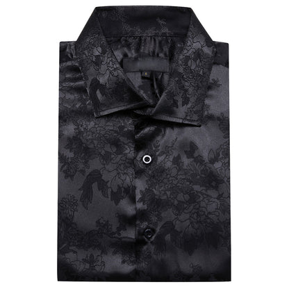Black Floral Satin Silk Dress Shirt shirt    - Sophisticated Gentlemen
