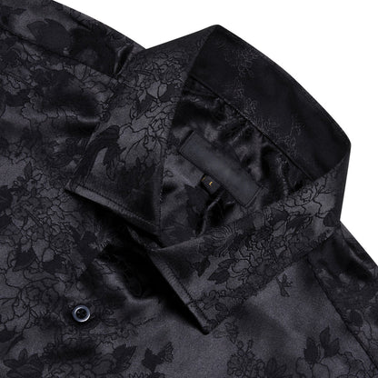 Black Floral Satin Silk Dress Shirt shirt    - Sophisticated Gentlemen