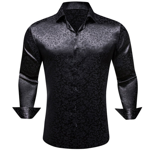 Black Floral Leaf Men's Dress Shirt shirt S   - Sophisticated Gentlemen
