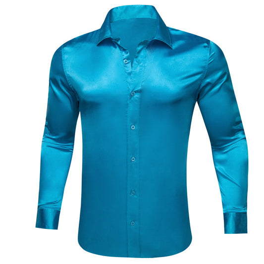 Blue Solid Silk Dress Shirt shirt S   - Sophisticated Gentlemen