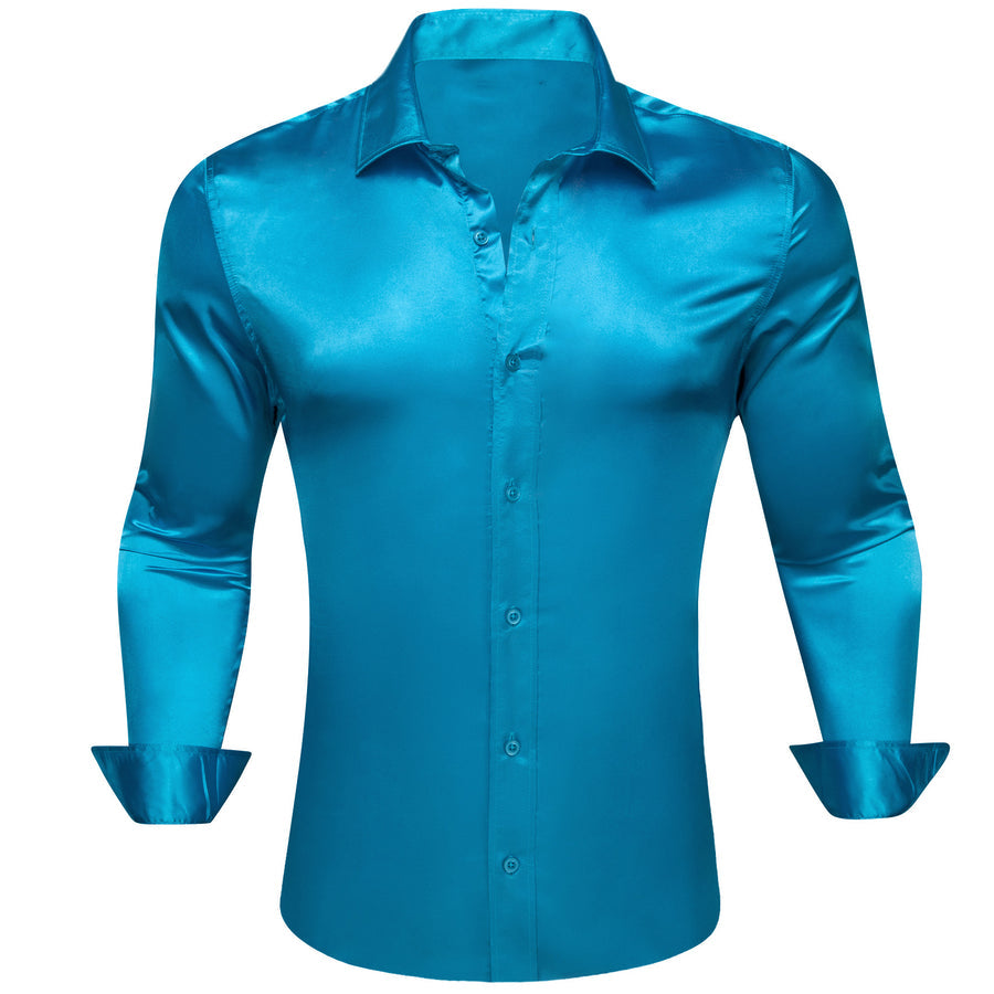 Blue Solid Silk Dress Shirt shirt    - Sophisticated Gentlemen
