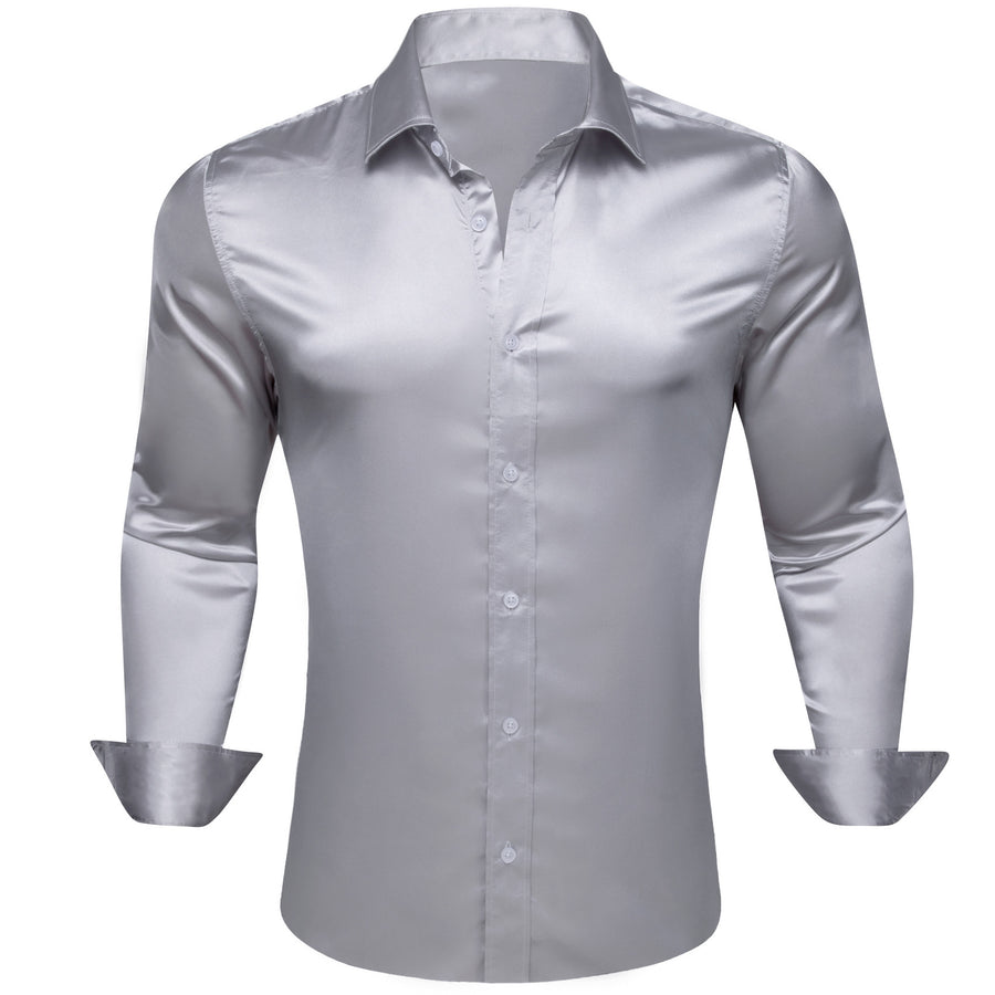 Sliver Gray Solid Silk Dress Shirt shirt S   - Sophisticated Gentlemen