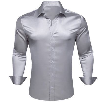 Sliver Gray Solid Silk Dress Shirt shirt S   - Sophisticated Gentlemen
