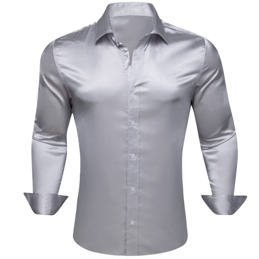 Sliver Gray Solid Silk Dress Shirt shirt S   - Sophisticated Gentlemen
