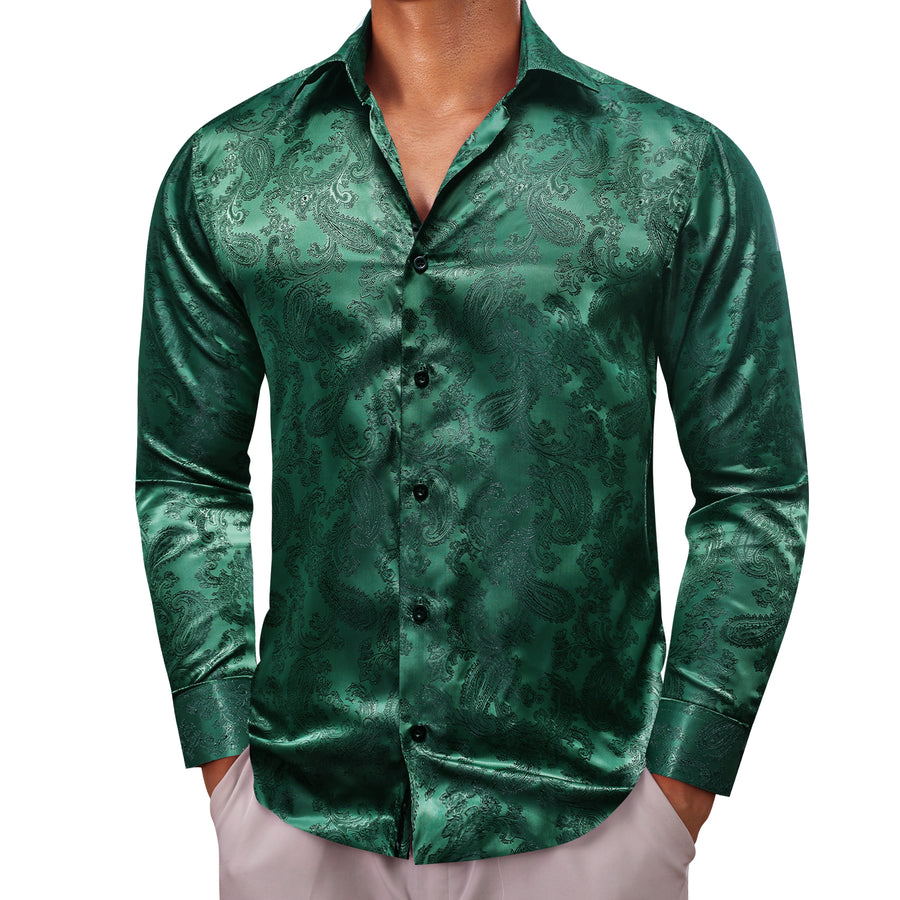 Dark Green Paisley Style Silk Dress Shirt shirt    - Sophisticated Gentlemen