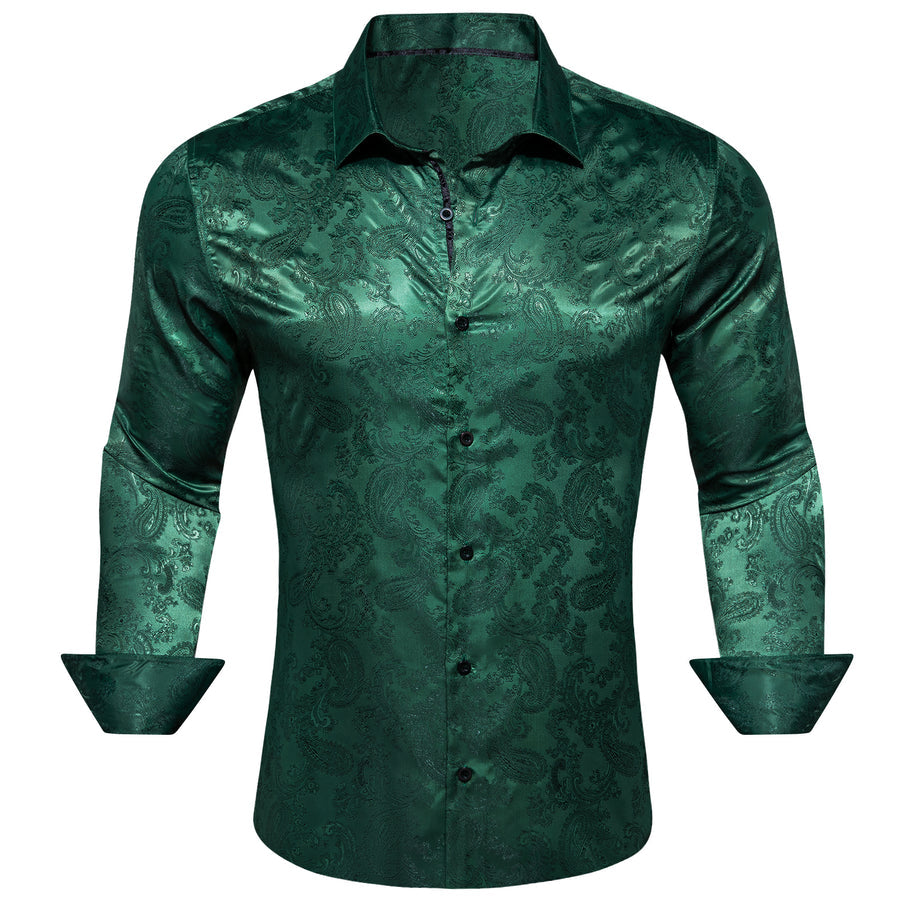 Dark Green Paisley Style Silk Dress Shirt shirt S   - Sophisticated Gentlemen