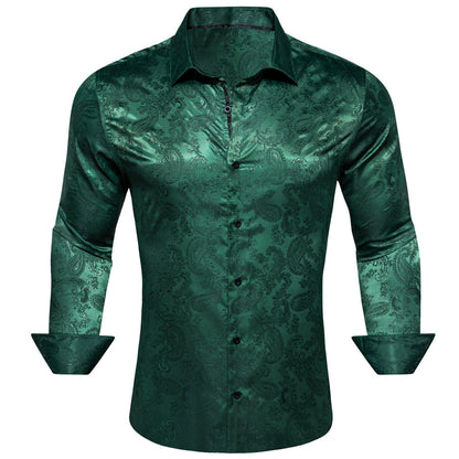 Dark Green Paisley Style Silk Dress Shirt shirt S   - Sophisticated Gentlemen