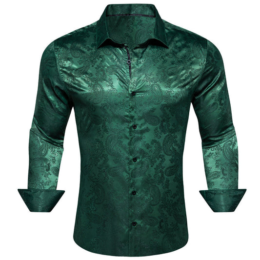 Dark Green Paisley Style Silk Dress Shirt shirt S   - Sophisticated Gentlemen