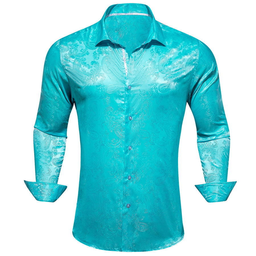 Scuba Blue Paisley Style Silk Dress Shirt shirt S   - Sophisticated Gentlemen
