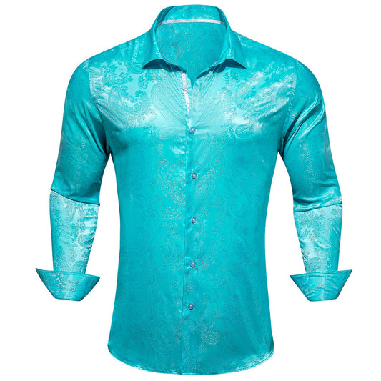 Scuba Blue Paisley Style Silk Dress Shirt shirt S   - Sophisticated Gentlemen