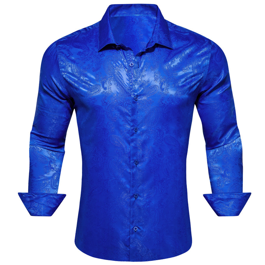 Royal Blue Paisley Style Silk Dress Shirt shirt S   - Sophisticated Gentlemen