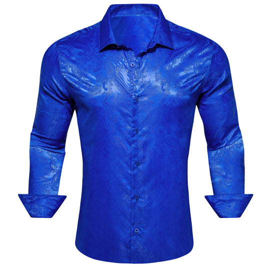 Royal Blue Paisley Style Silk Dress Shirt shirt S   - Sophisticated Gentlemen