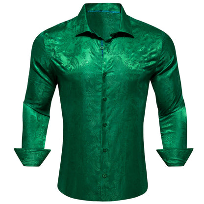 Emerald Green Paisley Style Silk Dress Shirt shirt S   - Sophisticated Gentlemen
