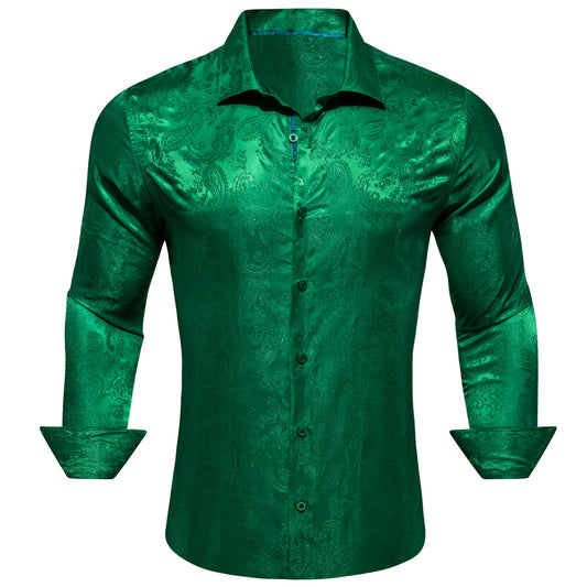 Emerald Green Paisley Style Silk Dress Shirt shirt S   - Sophisticated Gentlemen