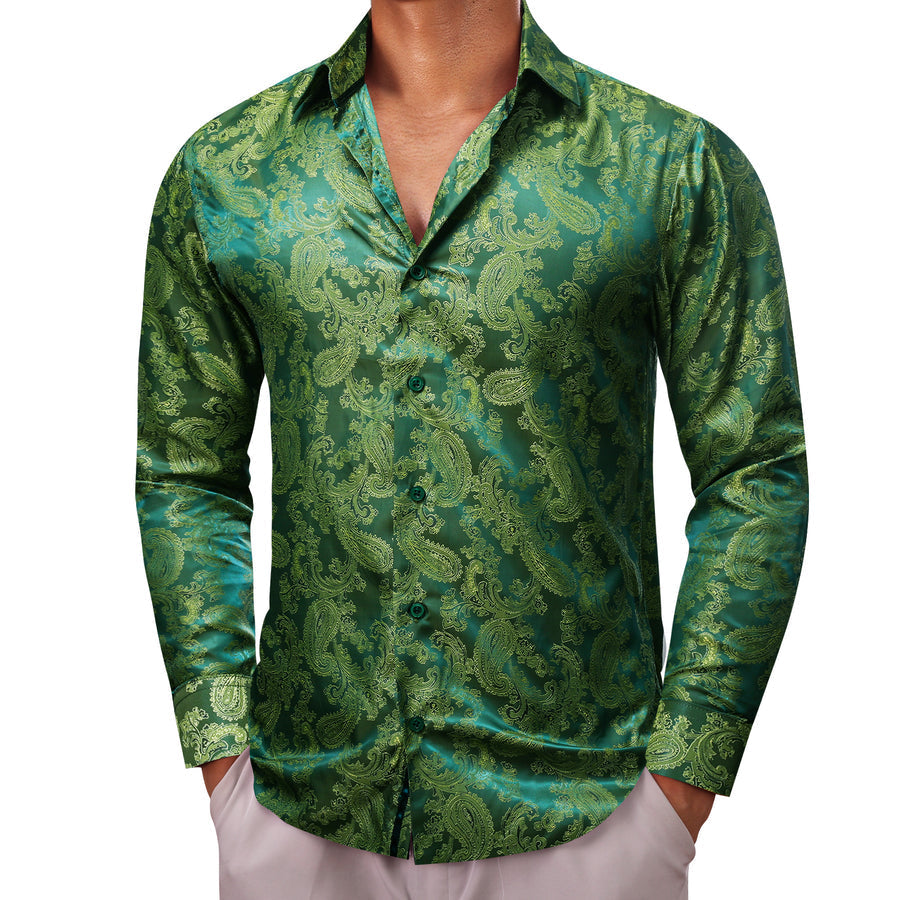 Grass Green Paisley Style Silk Dress Shirt shirt    - Sophisticated Gentlemen